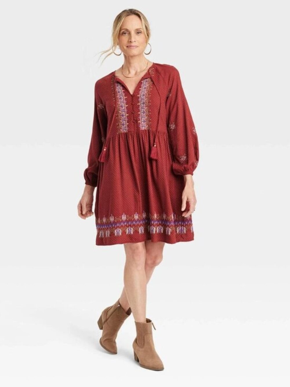 Knox Rose Embroidered Boho Mini Dress Burgundy Long Sleeve Tassel Dress Size S